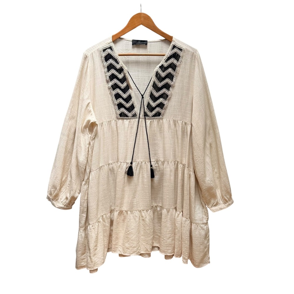 Zara Dress Womens XL Cream Embroidered Tassel Boho Tiered Babydoll Tunic Mini - Picture 2 of 11